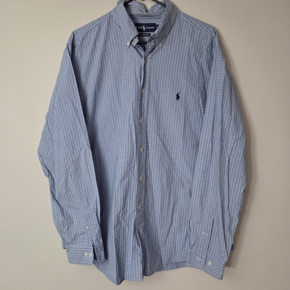 Ralph Lauren Light Blue Plaid Button Down Dress Shirt Logo - Picture 1 of 8